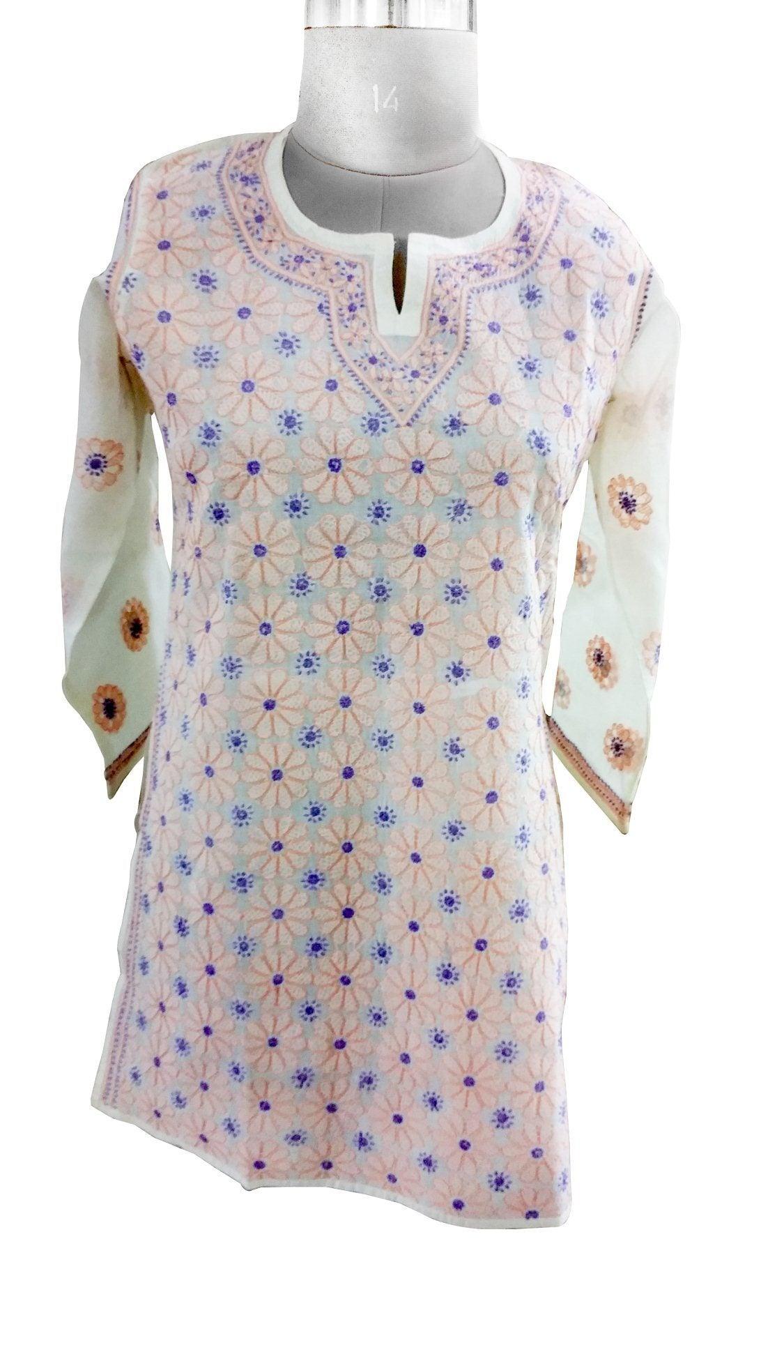 Cream Cotton Chikan work Stitched Kurta Dress Size 42 SC538-Anvi Creations-Kurta,Kurti,Top,Tunic