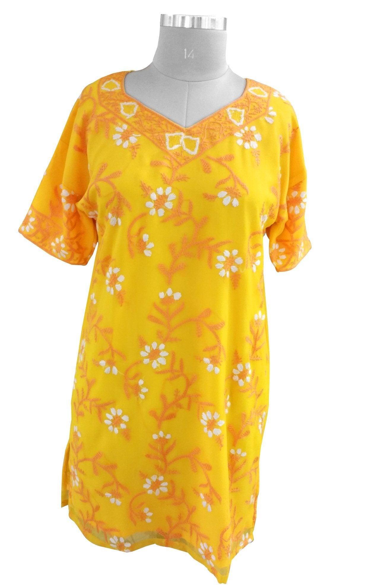 Yellow Chiffon Chikan work Stitched Kurta Dress Size 42 SC552-Anvi Creations-Kurta,Kurti,Top,Tunic