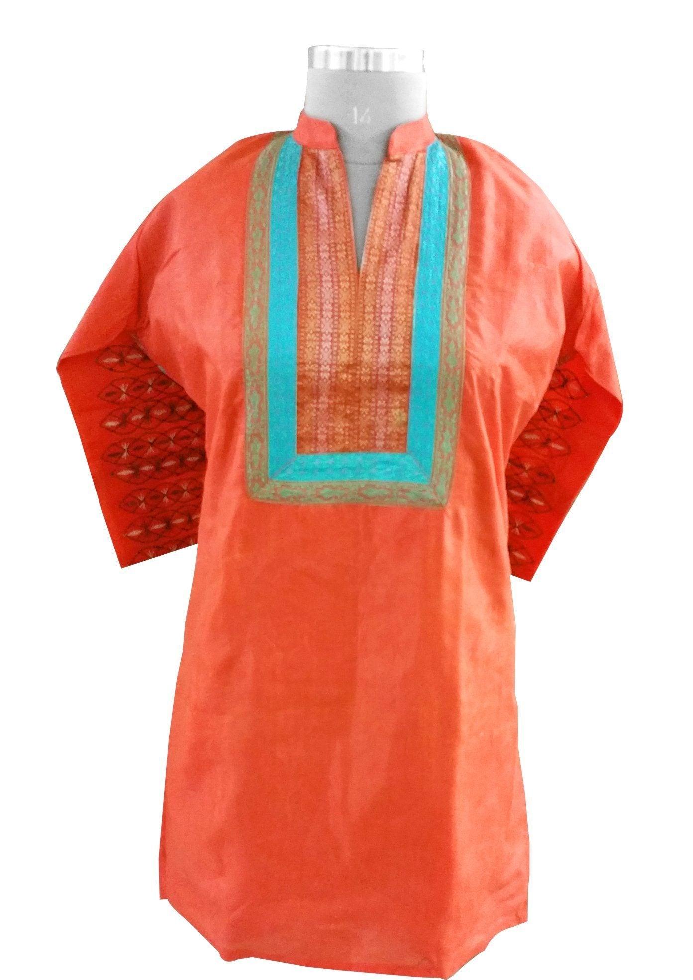 Orange Tussar silk with lined Stitched Kurta Dress Size 46 SC602-Anvi Creations-Kurta,Kurti,Top,Tunic