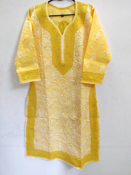 Designer Cotton Yellow Chikan Long Kurti Kurta SC911 Size 36-Anvi Creations-Kurta,Kurti,Top,Tunic