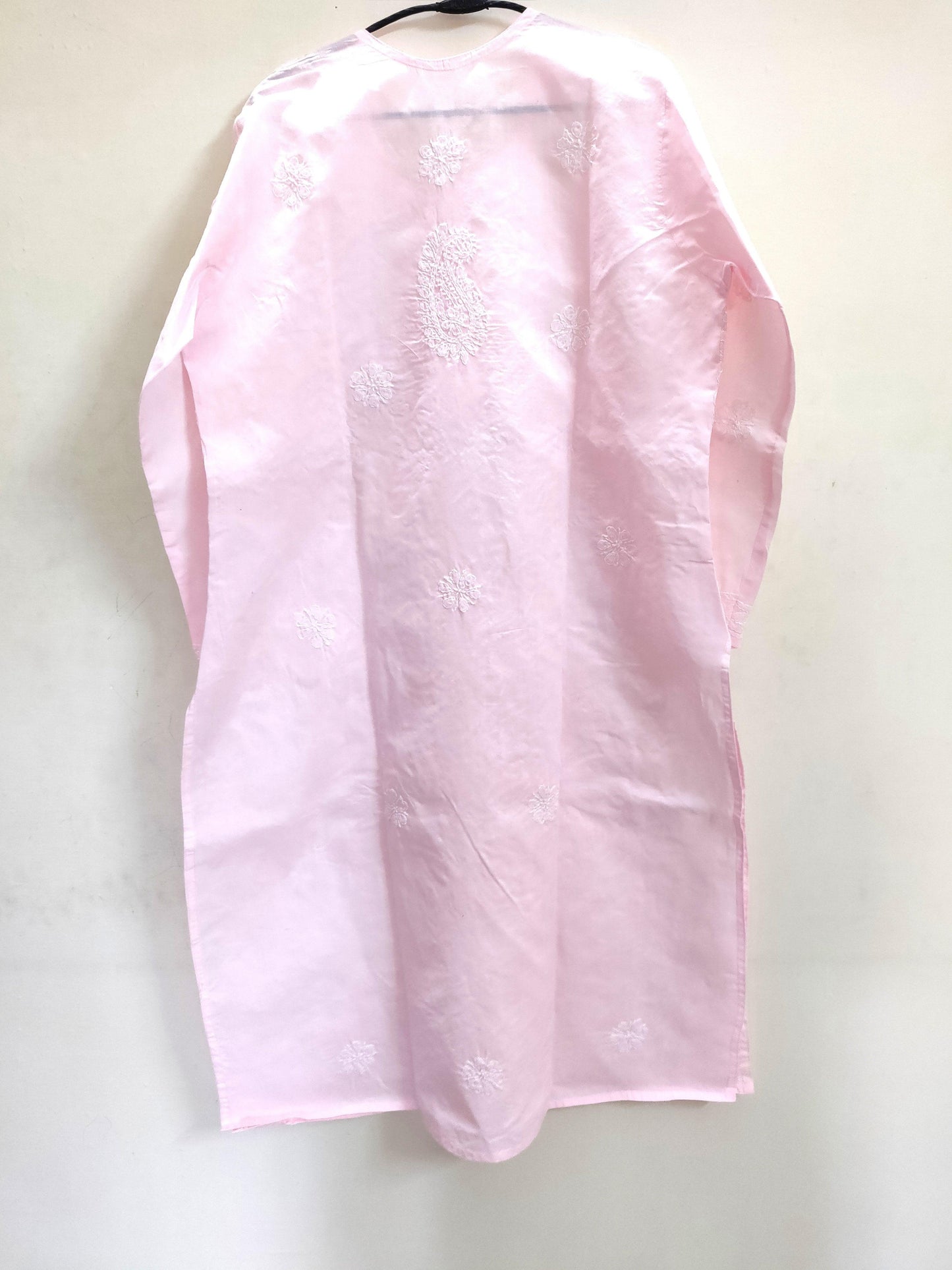 Designer Cotton Baby Pink Chikan Long Kurti Kurta SC912 Size 44-Anvi Creations-Kurta,Kurti,Top,Tunic