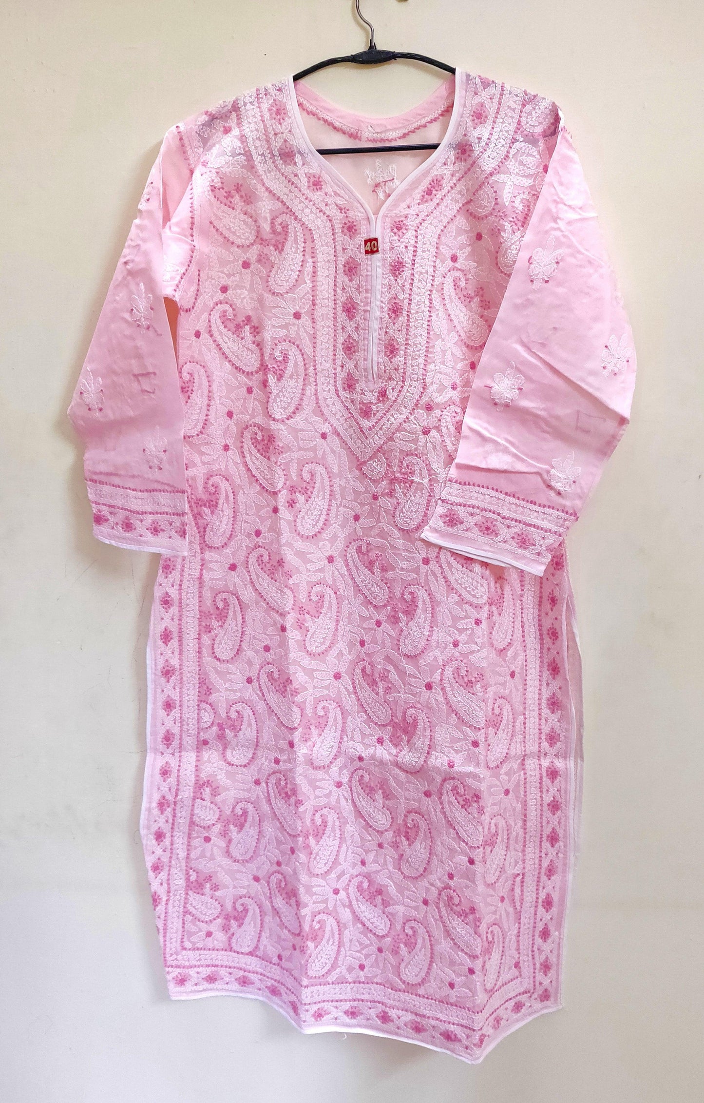 Designer Cotton Pink Chikan Long Kurti Kurta SC914 Size 38-Anvi Creations-Kurta,Kurti,Top,Tunic