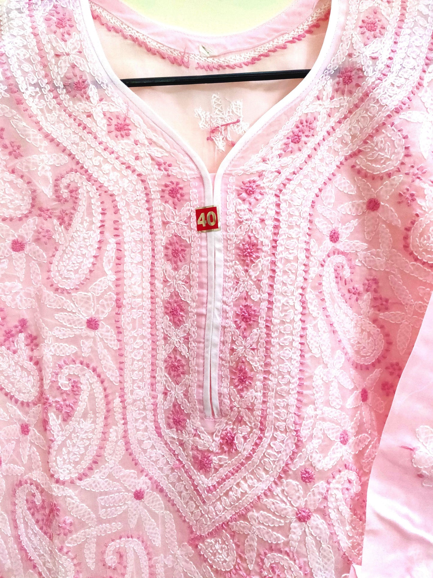 Designer Cotton Pink Chikan Long Kurti Kurta SC914 Size 38-Anvi Creations-Kurta,Kurti,Top,Tunic