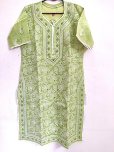 Designer Cotton Olive Green Chikan Long Kurti Kurta SC917 Size 38-Anvi Creations-Kurta,Kurti,Top,Tunic