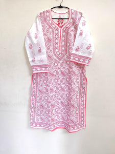 Designer Cotton White Chikan Long Kurti Kurta SC919 Size 40-Anvi Creations-Kurta,Kurti,Top,Tunic