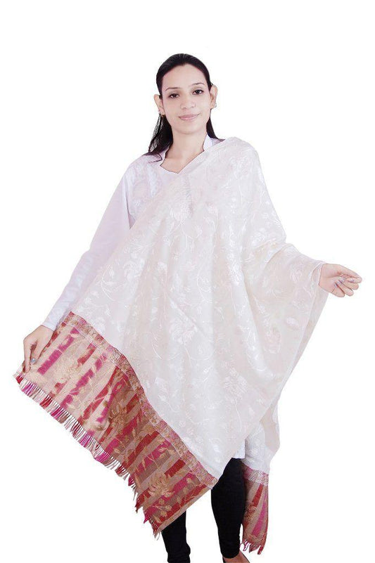 Off White Wool Chinar Embroidered Stole SE58-Anvi Creations-
