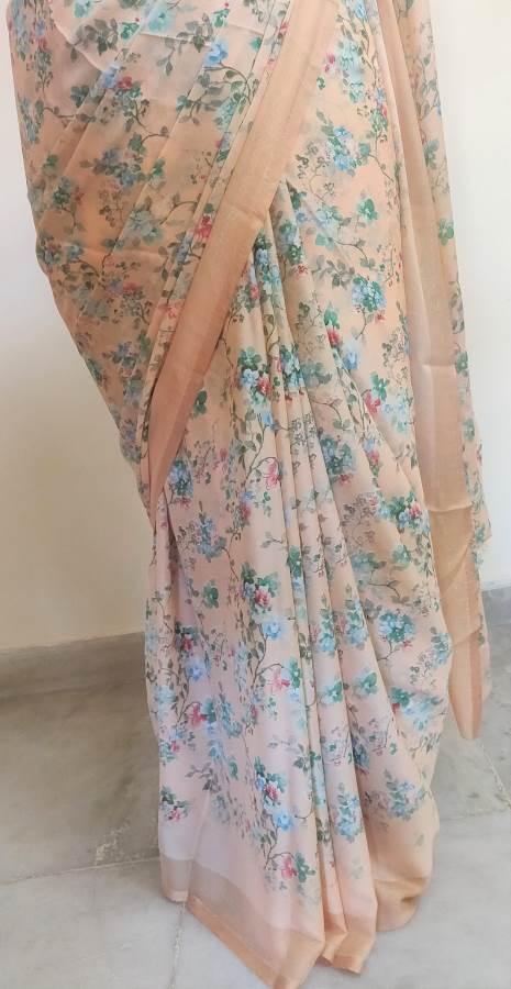 Light Peach Floral Printed Georgette Saree with Blouse SF01 - Ethnic's By Anvi Creations