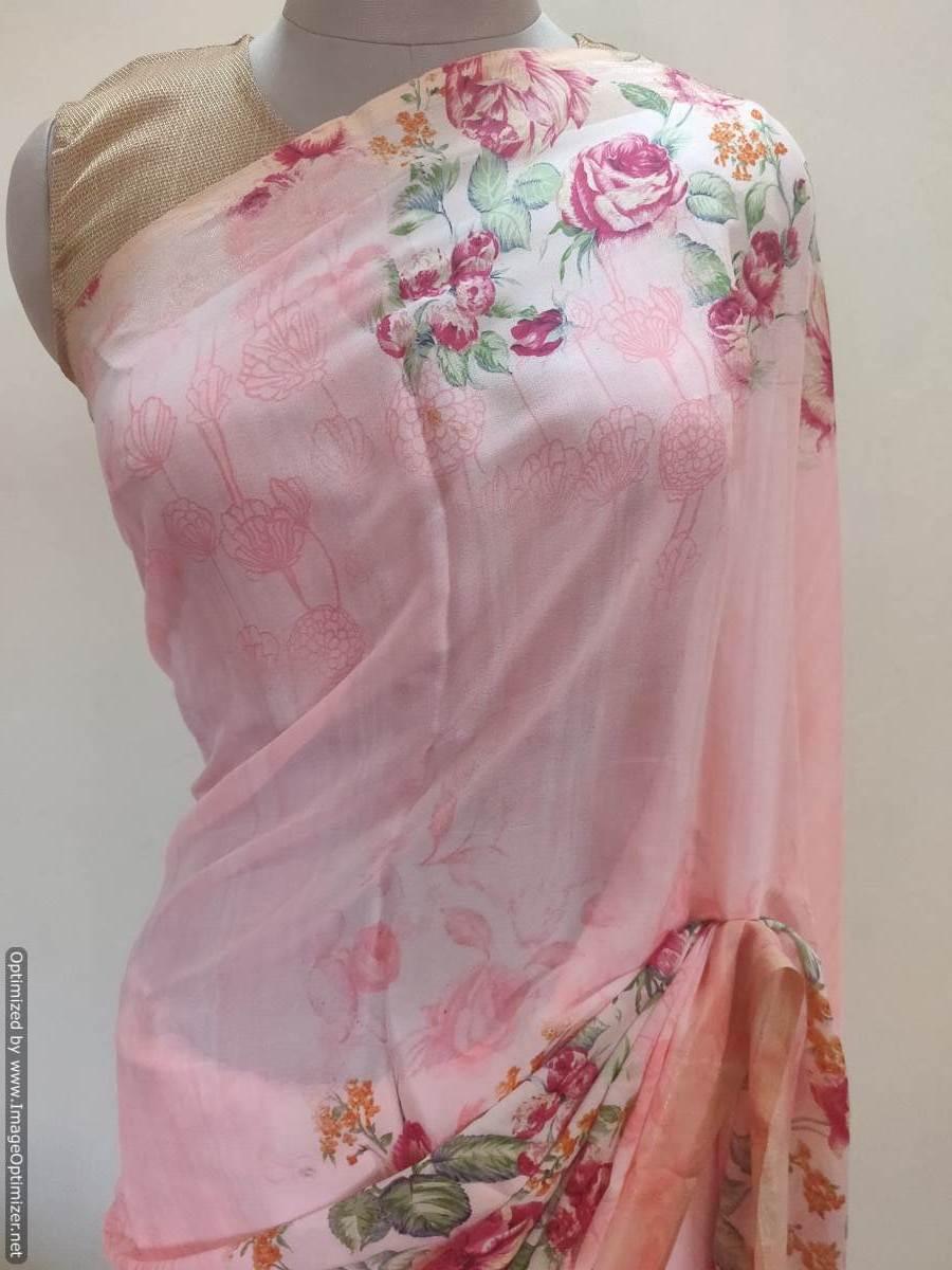Rose Pink Floral Printed Georgette Saree with Blouse SF02 - Ethnic's By Anvi Creations