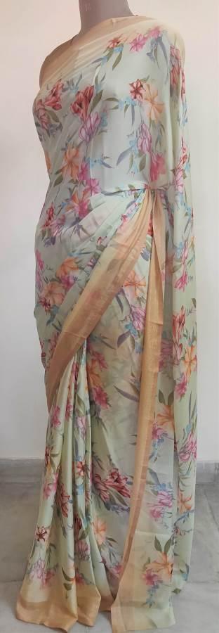 Pastel Pistachio Green Floral Printed Georgette Saree with Blouse SF03 - Ethnic's By Anvi Creations
