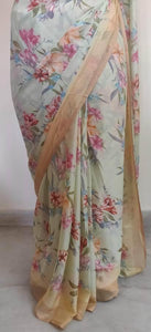 Pastel Pistachio Green Floral Printed Georgette Saree with Blouse SF03 - Ethnic's By Anvi Creations