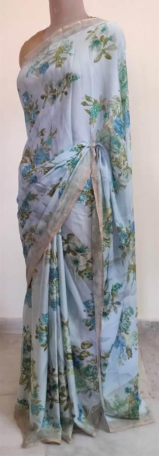 Light Blue Floral Printed Georgette Saree with Blouse SF04 - Ethnic's By Anvi Creations