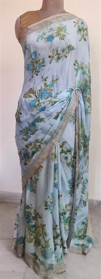 Light Blue Floral Printed Georgette Saree with Blouse SF04 - Ethnic's By Anvi Creations