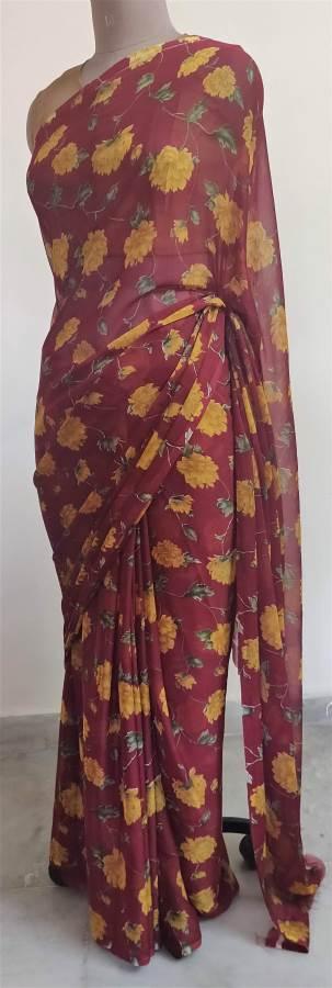 Maroon Floral Printed Chiffon Saree with Blouse SF05 - Ethnic's By Anvi Creations