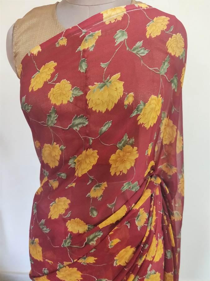 Maroon Floral Printed Chiffon Saree with Blouse SF05 - Ethnic's By Anvi Creations