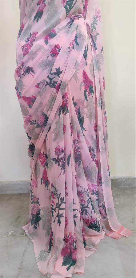 Baby Pink Floral Printed Georgette Saree with Blouse SF06 - Ethnic's By Anvi Creations