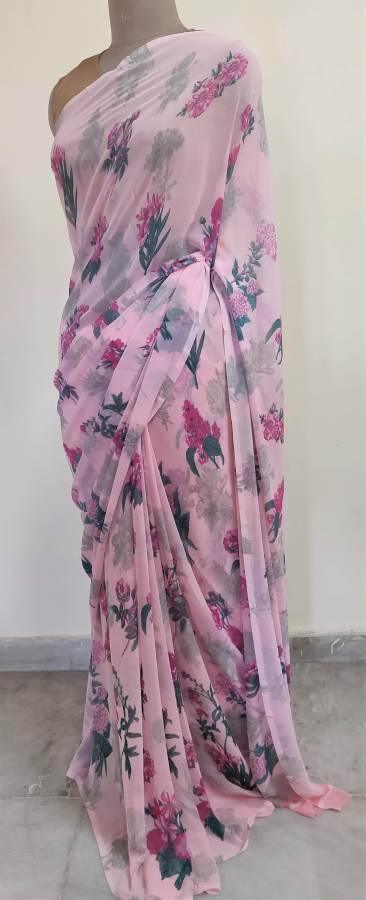 Baby Pink Floral Printed Georgette Saree with Blouse SF06 - Ethnic's By Anvi Creations
