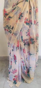 Light Yellow Floral Printed Georgette Saree with Blouse SF07 - Ethnic's By Anvi Creations