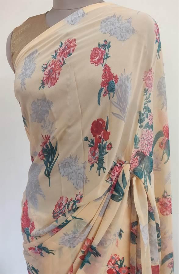 Light Yellow Floral Printed Georgette Saree with Blouse SF07 - Ethnic's By Anvi Creations