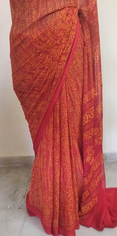 Rust Red Floral Printed Georgette Saree with Blouse SF08 - Ethnic's By Anvi Creations