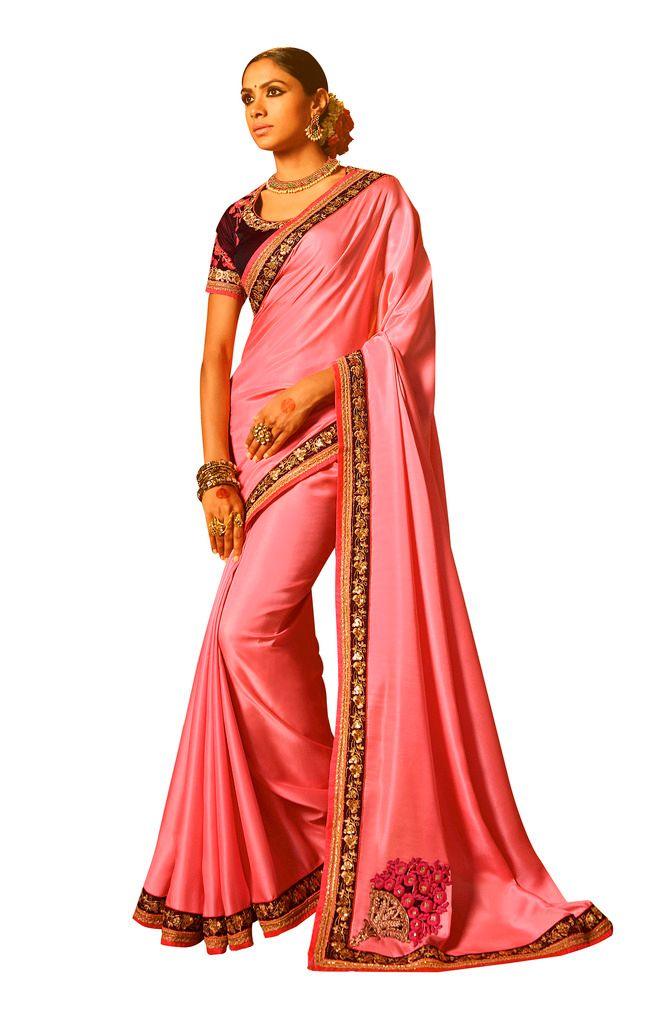 Pink Satin Saree with Embroidered Blouse Fabric SH11-Anvi Creations-Designer Saree
