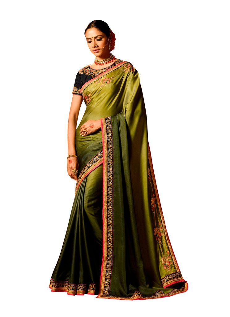 Green Satin Saree with Embroidered Blouse Fabric SH16-Anvi Creations-Designer Saree