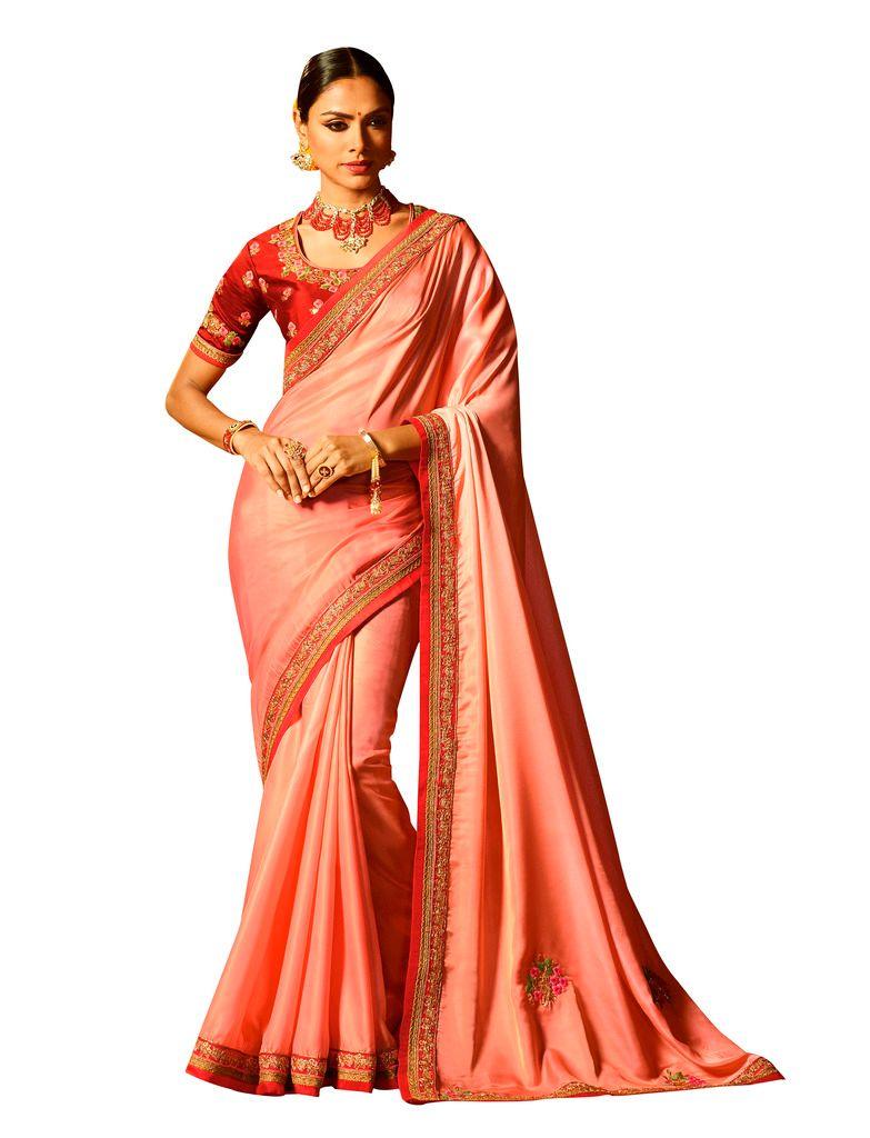 Peach Satin Saree with Embroidered Blouse Fabric SH20-Anvi Creations-Designer Saree