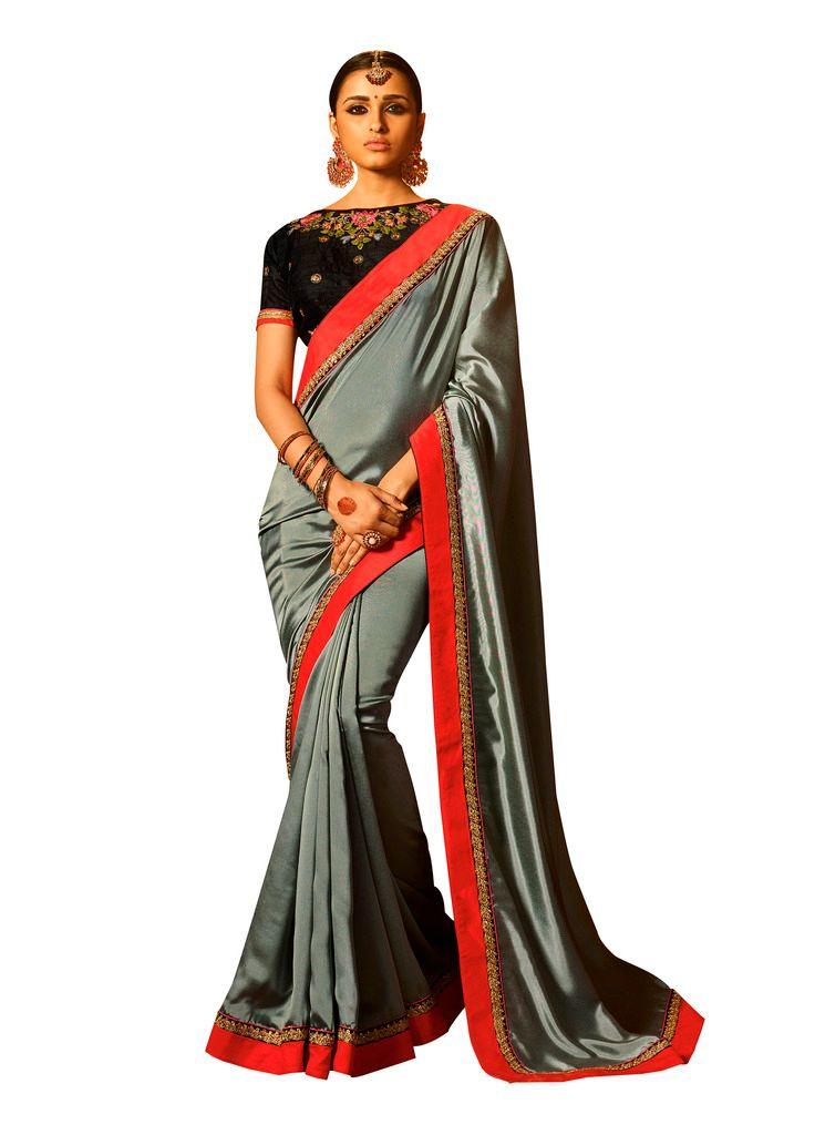 Grey Satin Saree with Embroidered Blouse Fabric SH22-Anvi Creations-Designer Saree