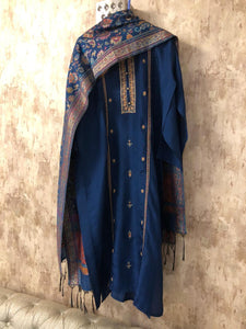 Navy Blue Embroidered Silk Dress Material with Pure Silk Jacquard Dupatta SHS02 - Ethnic's By Anvi Creations