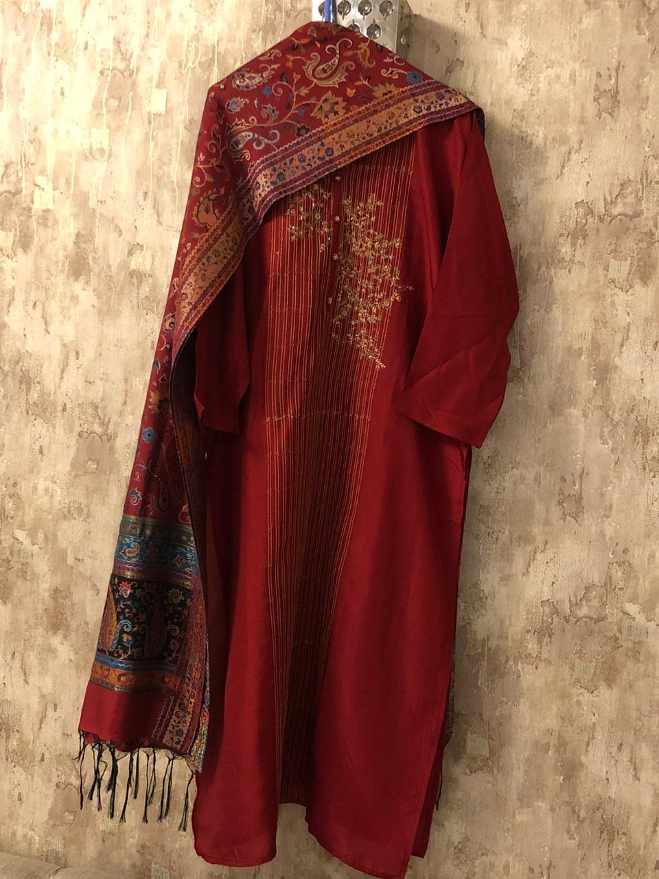 Reddish Maroon Embroidered Silk Dress Material with Pure Silk Jacquard Dupatta SHS03 - Ethnic's By Anvi Creations