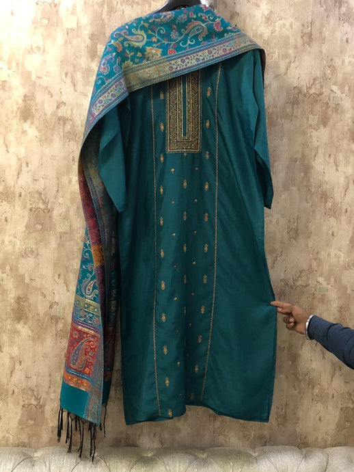 Turquoise Green Embroidered Silk Dress Material with Pure Silk Jacquard Dupatta SHS04 - Ethnic's By Anvi Creations