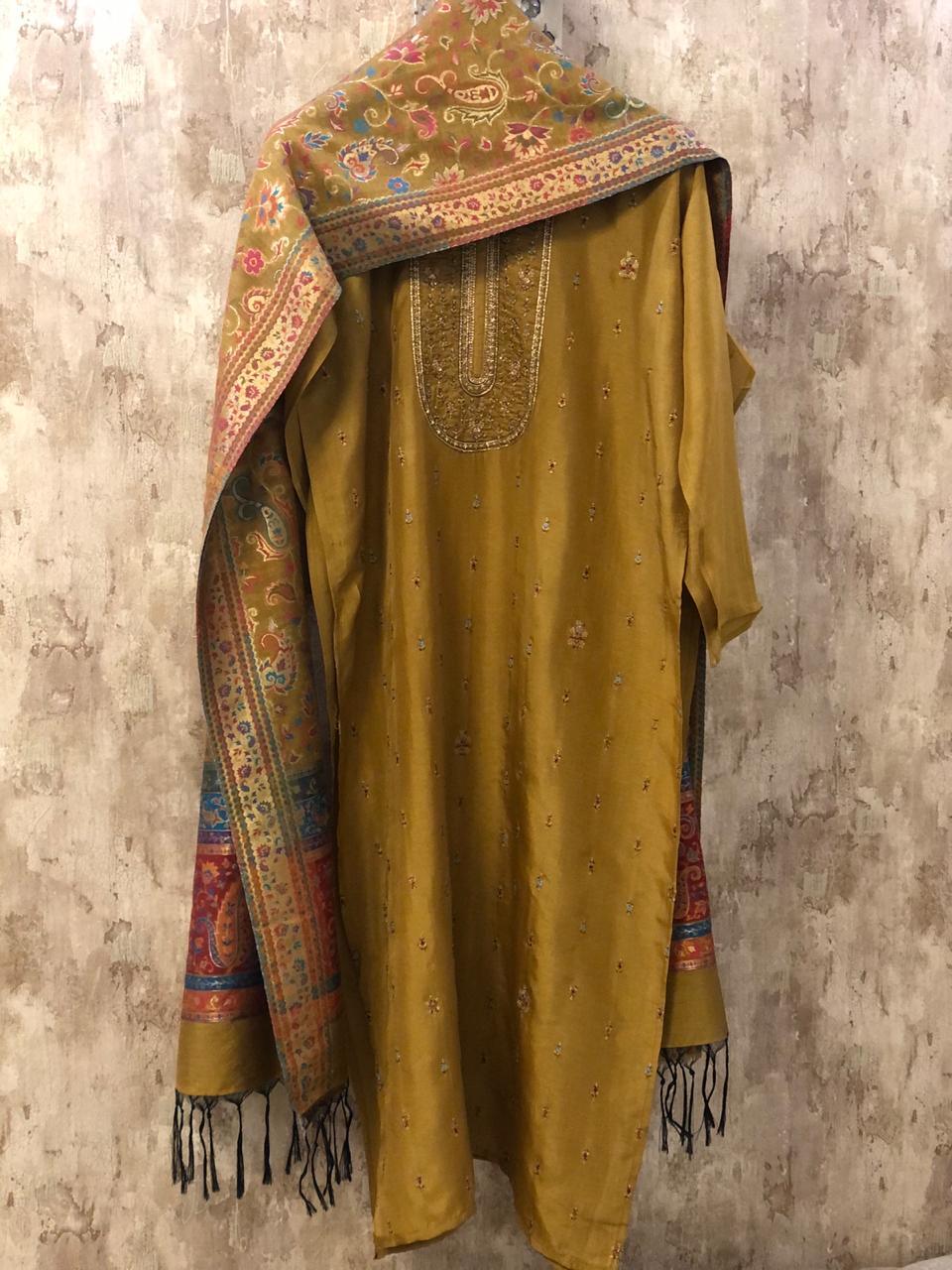 Mustard Yellow Embroidered Silk Dress Material with Pure Silk Jacquard Dupatta SHS06 - Ethnic's By Anvi Creations