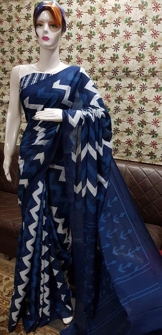 Navy Blue Screen Printed Mulmul Cotton Saree SK01 - Ethnic's By Anvi Creations