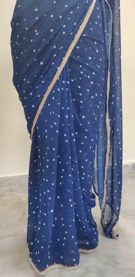 Designer Georgette Blue Polka Dot Printed Pearl Lacer Saree SP24 - Ethnic's By Anvi Creations