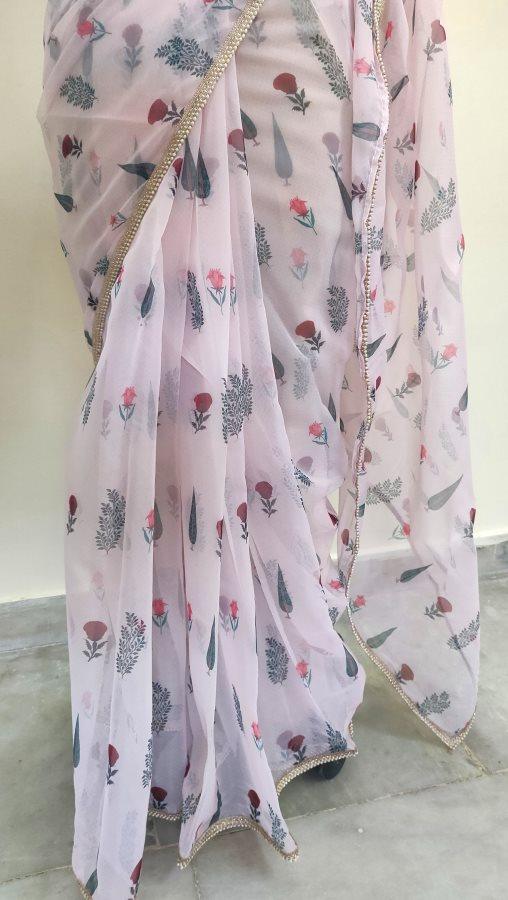 Designer Peachy Pink Organza Printed Pearl Lacer Saree SP26 - Ethnic's By Anvi Creations
