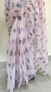 Designer Peachy Pink Organza Printed Pearl Lacer Saree SP26 - Ethnic's By Anvi Creations