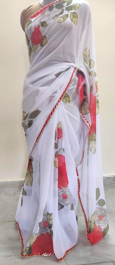 Designer White Floral Printed Georgette Saree with Gotta Lacer SP27 - Ethnic's By Anvi Creations