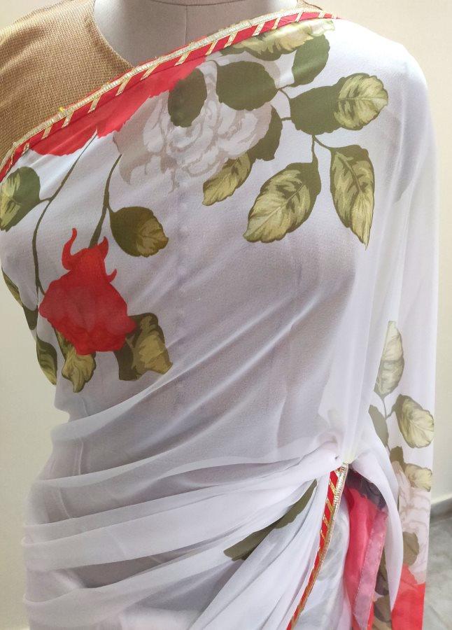 Designer White Floral Printed Georgette Saree with Gotta Lacer SP27 - Ethnic's By Anvi Creations