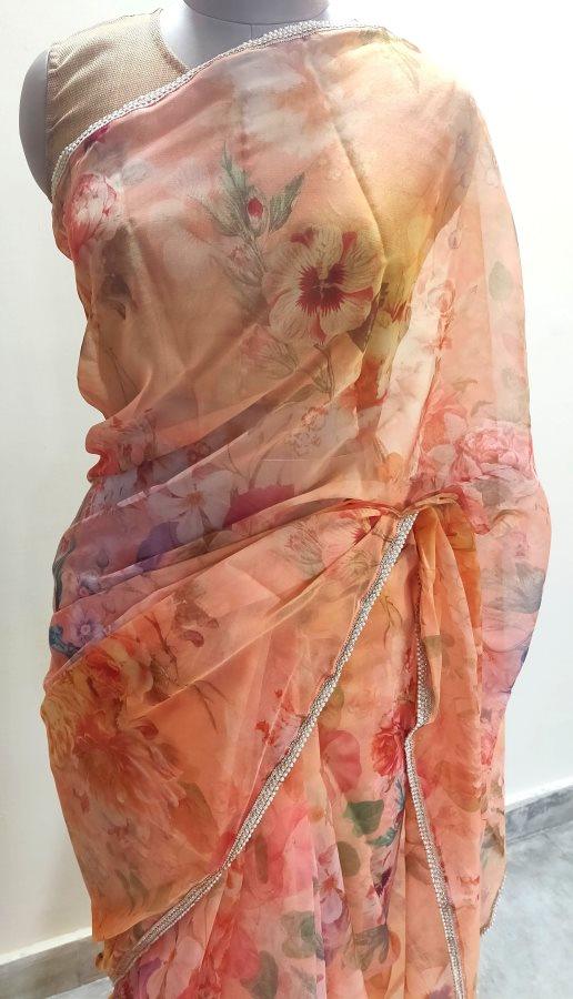 Designer Peach Organza Printed Pearl Lacer Saree SP27 - Ethnic's By Anvi Creations