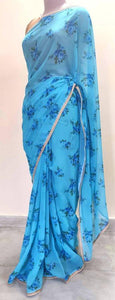 Designer Georgette Blue Floral Printed Pearl Lacer Saree SP29 - Ethnic's By Anvi Creations