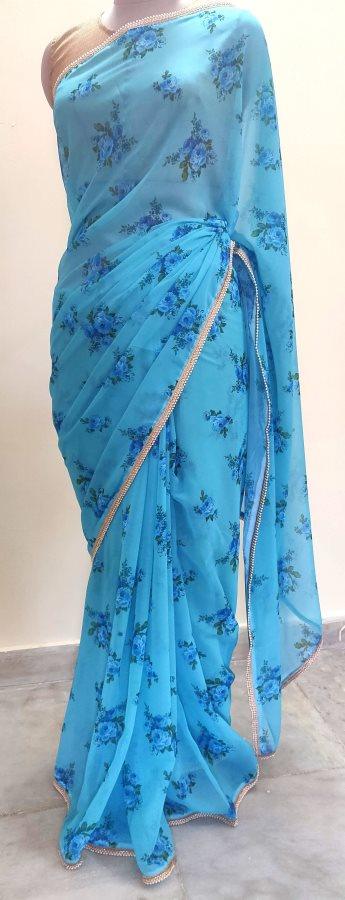 Designer Georgette Blue Floral Printed Pearl Lacer Saree SP29 - Ethnic's By Anvi Creations