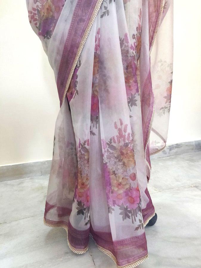 Designer Organza Onion Pink Printed Pearl Lacer Saree SP30 - Ethnic's By Anvi Creations