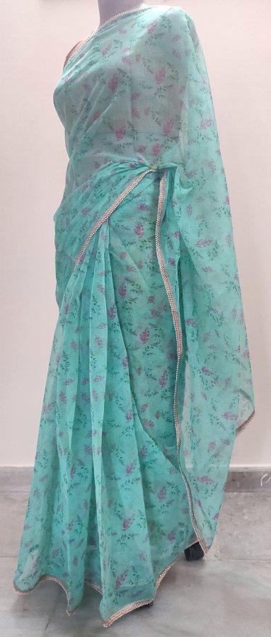 Designer Organza Turquoise Green Printed Pearl Lacer Saree SP31 - Ethnic's By Anvi Creations