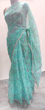 Load image into Gallery viewer, Designer Organza Turquoise Green Printed Pearl Lacer Saree SP31 - Ethnic&#39;s By Anvi Creations