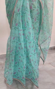 Designer Organza Turquoise Green Printed Pearl Lacer Saree SP31 - Ethnic's By Anvi Creations