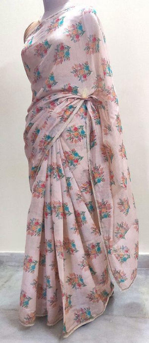Designer Organza Peach Printed Pearl Lacer Saree SP32 - Ethnic's By Anvi Creations