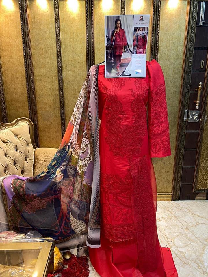 Designer Pakistani Replica Sana Safina Red Cotton Embroidered Dress Material SSS9001-Anvi Creations-Dress Material