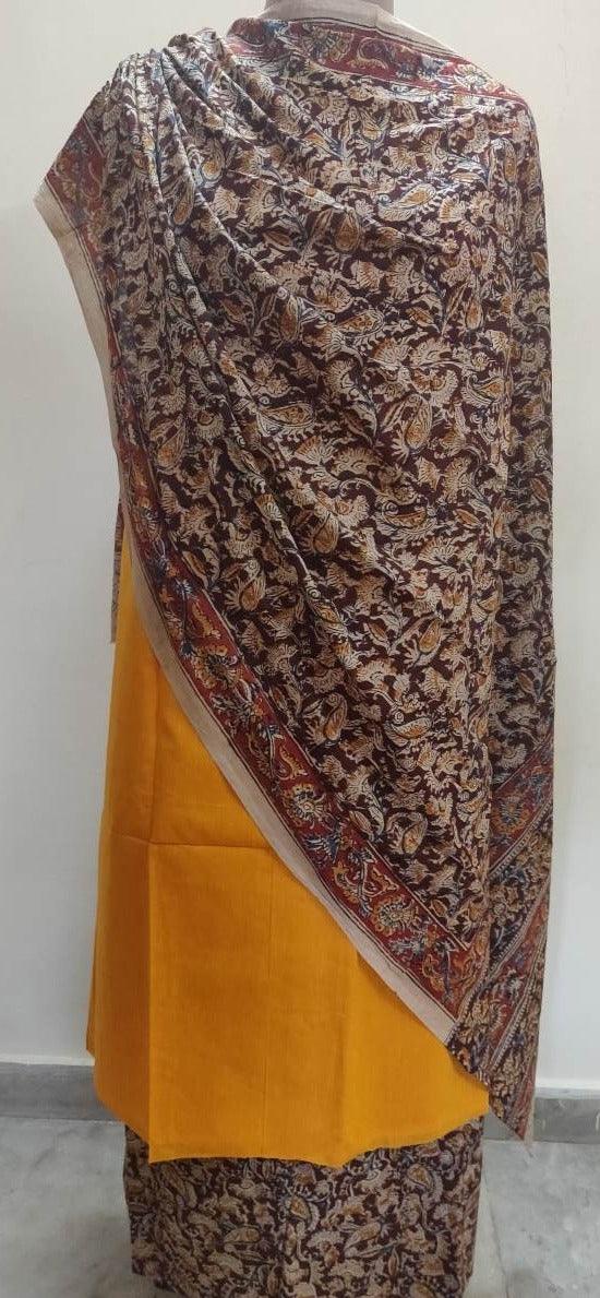 Exclusive Yellow Cotton Kalamkari Suit with Dupatta SVKK03 - Ethnic's By Anvi Creations