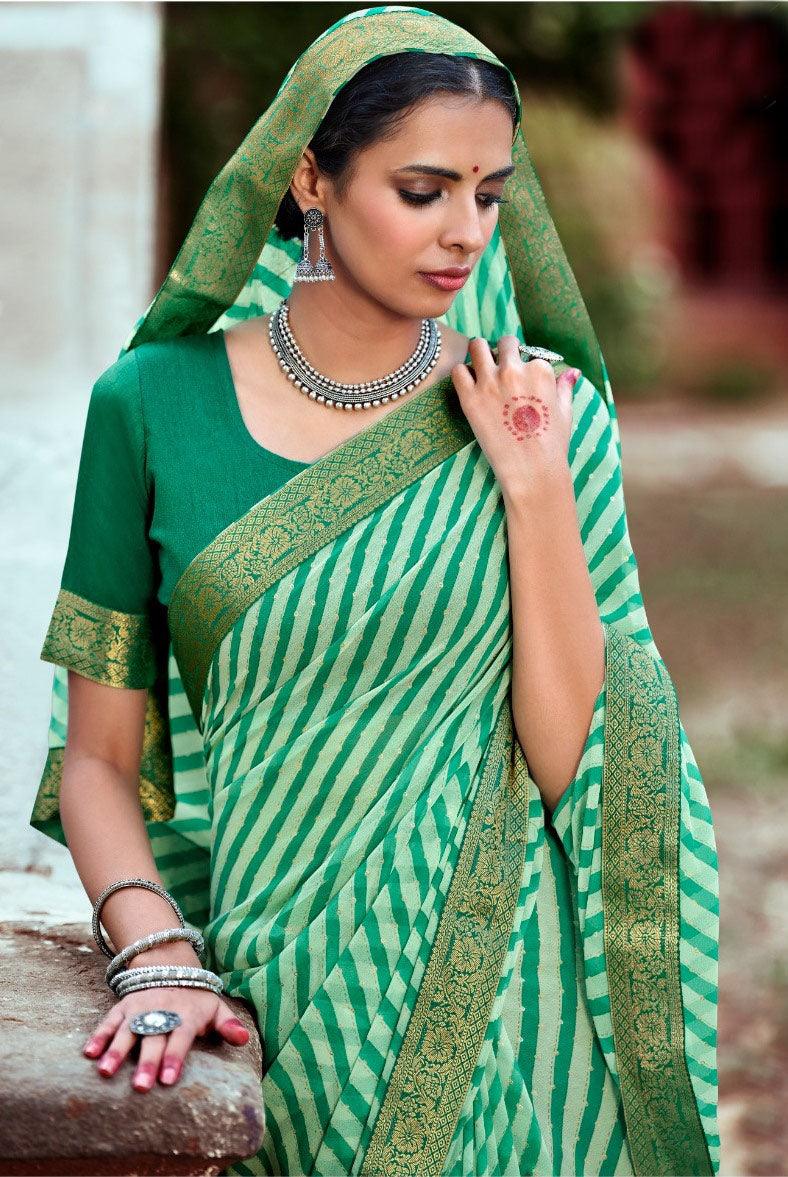 Leheriya Printed Georgette Saree in Green : SJN7528