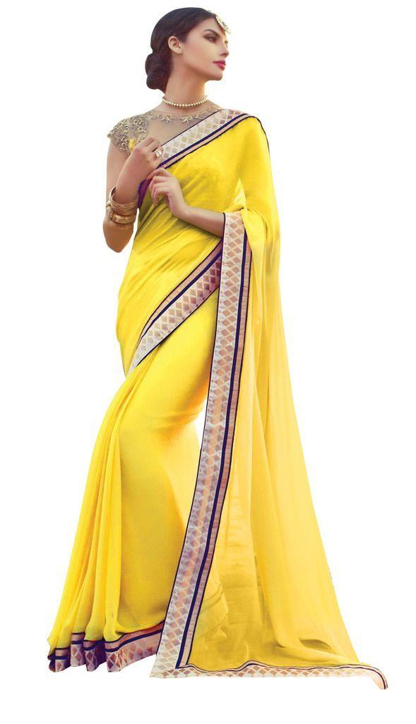Designer Yellow Satin Chiffon Exclusive Blouse Fabric Saree SC10604-Anvi Creations-Designer Saree