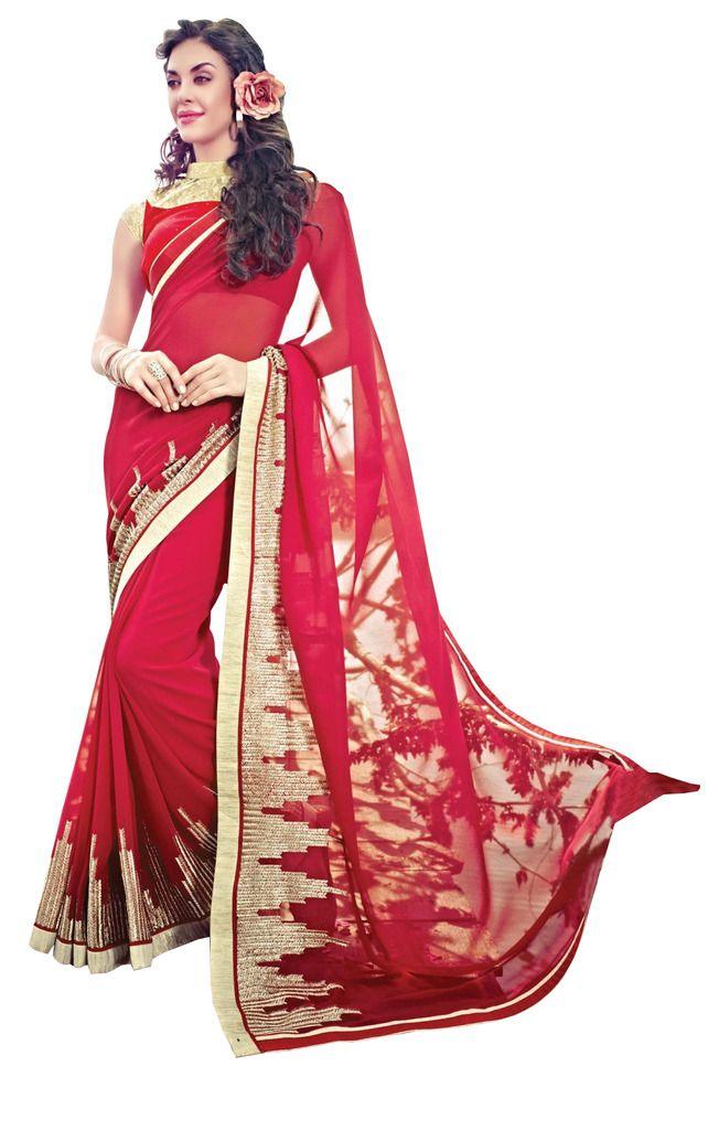 Designer Red Georgette Exclusive Blouse Fabric Saree SC10606-Anvi Creations-Designer Saree